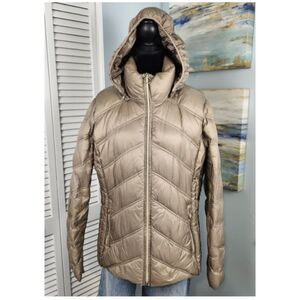 Michael Kors Packable Down Jacket Large Pewter Gold size Large Removeable Hood